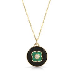 Black Onyx Necklace Lapis Clover Inlay with Diamond 0.25ct 14K Yellow Gold Dual Sided Mandala on 18" Chain Luxury Gold Necklace With Inlay, Classic Round Black Enamel Necklaces, Luxury Traditional Necklaces With Inlay, Round Black Enamel Fine Jewelry Necklace, Black Medallion Necklace With Polished Finish, Yellow Gold Onyx Round Necklace, Enamel Pendant Necklace With Inlay, Green Pendant Necklace With Inlay, Round Onyx Necklace With Black Enamel