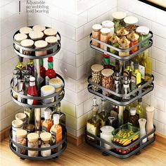 two metal shelves with food and condiments on them