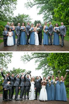 two pictures of the same wedding party with their bridesmaids and groomsmen