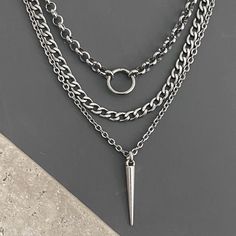 🟪QUALITY materials, HANDMADE in California 🟪Three separate SEMI-CHUNKY NECKLACES 🟢CHAIN:  -stainless steel (NON-TARNISH, durable, long-lasting) -THREE SEPARATE NECKLACES -14, 16, and 18 inch, OR -16, 18, and 20 inch (average women's neck size), OR -18, 20, and 22 inch , OR -20, 22, and 24 inch -see Sizing Chart photo -Need a longer/looser fit? See NECKLACE EXTENDERS in Main Menu! 🟢METAL PENDANT:  -antiqued silver plated base metal -tarnish resistant coating 🟦CARE INSTRUCTIONS: To maintain t Grunge Necklaces Layered, Silver Rock Jewelry For Alternative Fashion, Rock Style Silver Jewelry For Alternative Fashion, Rock Style Metal Jewelry For Alternative Fashion, Edgy Gunmetal Jewelry, Edgy Silver Necklace For Alternative Fashion, Silver Necklaces For Alternative Fashion, Silver Alternative Fashion Necklaces, Punk Oxidized Metal Jewelry