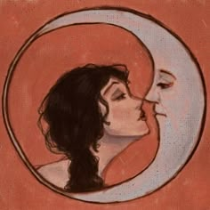 a painting of a man and woman kissing in front of a half moon with pink background