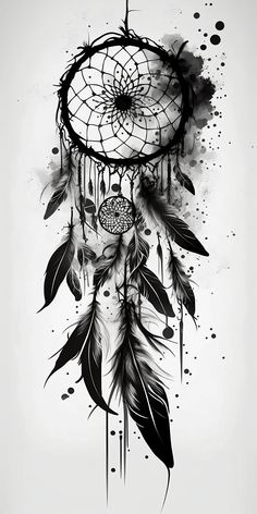 a black and white drawing of a dream catcher with feathers on it's side