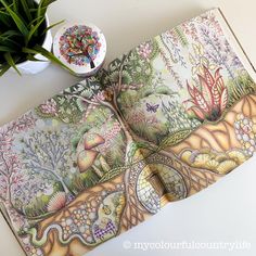 an open book sitting on top of a table next to a bowl of flowers and plants