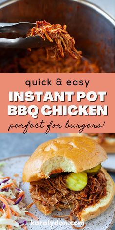 an instant pot bbq chicken sandwich on a plate with coleslaw