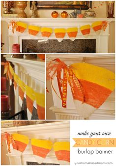 an orange and yellow striped banner hanging from a mantel above a fireplace with candles on it