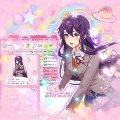 an anime character with long hair and purple hair, standing in front of a pink background