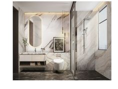 a bathroom with marble walls and flooring