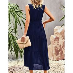 Navy Blue V Neck Sleeveless Tie Waist Midi Dress Elegant Sleeves, Boho Dress Plus Size, Long Maxi Dresses, Cozy Dress, Blue Sleeveless Dress, V Neck Midi Dress, Versatile Dresses, Pink Light, Casual Summer Dresses