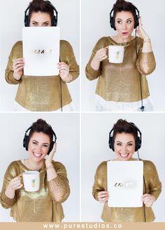 a woman wearing headphones and holding up a piece of paper with the word crea written on it