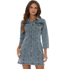 Enliven your wardrobe with this cute denim shirt dress. This piece is cut to a flattering mini length and features a classic collar neckline and the front button placket. It creates a feminine silhouette and is finished with shiny buttons and contrast stitching. Pair it with canvas trainers for the perfect off-duty ensemble. Occasion: holiday, weekend gathering, daily wear, etc. Button-up Denim Mini Dress For Work, Denim Button-up Mini Dress For Work, Button-up Denim Blue Dress With Buttoned Pockets, Washed Blue Button-up Denim Dress, Button-up Denim Blue Mini Dress With Pockets, Button-up Denim Mini Dress With Pockets, Fitted Denim Shirt Dress With Buttons, Denim Blue Button-up Mini Dress With Pockets, Denim Collared Shirt Dress