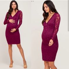 Size Small. New Without Tags. Brand Tag Has Been Removed. A Solid Lace Maternity Fitted Dress With A V-Neckline, Semi Sheer Sleeves, Zipper Closure In Back. Dress Is Lined. Self: 90% Nylon 10% Spandex Lining: 95% Polyester 5% Spandex Length: 37" Sleeve Length: 17.5" Measured From: Small Maternity V-neck Dress With Lace Trim For Spring, Spring Maternity Dress With Lace Trim And V-neck, Fitted Lace Maternity Dress V-neck, Elegant V-neck Bump-friendly Dress, Elegant V-neck Bump Friendly Dresses, Fitted V-neck Dresses Bump Friendly, Fitted V-neck Dress That Is Bump Friendly, Back Dress, Brand Tags