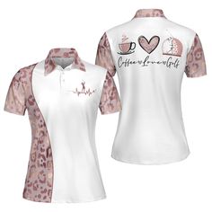 a women's polo shirt with the words coffee and heart on it, printed in pink