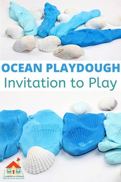 an ocean playdough is shown with blue and white seashells