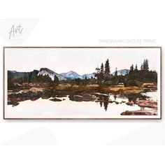 a painting with mountains in the background and water on the ground, surrounded by trees