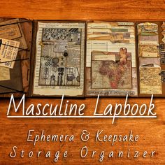 an open book with the title mascuine lapbook ephemera & keepsake storage organizer