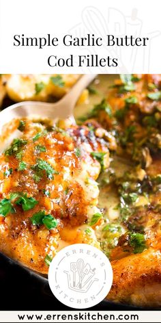 a close up of food in a pan on a table with text overlay that reads simple garlic butter god flies