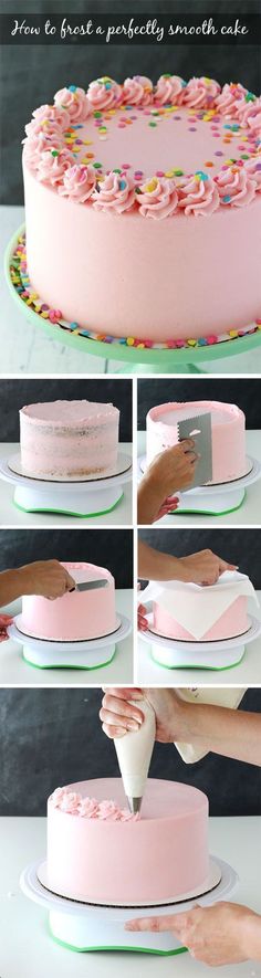 how to frost a pink cake with sprinkles and icing - step by step instructions