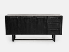 a black sideboard with three drawers and two doors on the bottom, one door open