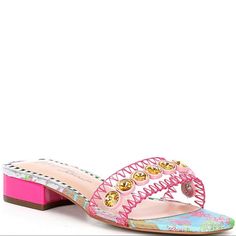 Betsey Johnson Nelly Embellished Detail Slides Nelly Pink Multicolor Nwt Faux Leather Upper Slip-On Square Open Toe Synthetic Lining Heeled Slide Sandal Manmade Materials 1in Heel Lucite Upper With Jewel Embellishments Embellishment Details On Front Strap Embellishment Details, Betsey Johnson Shoes, Slide Sandals, Betsey Johnson, Women's Shoes Sandals, Open Toe, Shoes Sandals, Slides, Embellishments