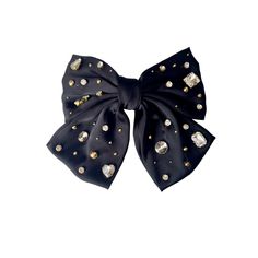 Add a touch of elegance to your hairstyle with this beautiful black satin and crystal jeweled hair bow barrette! This handcrafted hair accessory is the perfect blend of luxury and style. Whether you're dressing up for a special occasion or simply adding a pop of color to your everyday look, this jeweled hair bow is sure to make a statement. With its versatile design, you can easily clip it onto your hair for a chic and polished finish. Upgrade your hair accessory collection with this stunning hair bow barrette today! The perfect accessory for a gift, prom, weddings, bachelorette parties, events and other special occasions. Enjoy free shipping on orders over $35 within the US. Check out my other styles at https://galacticbohemian.etsy.com  Each piece made by me, Galactic Bohemian, with love Special Occasion Hair, Jeweled Hair, Hair Bling, Gold Hair Bow, Occasion Hair, Bow Fashion, Bow Barrette, Hair Accessories Collection, Bachelorette Parties