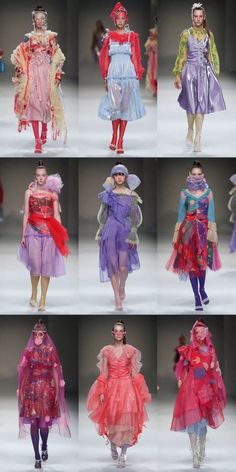 many different types of dresses on the catwalk at paris fashion week 2012, all in bright colors