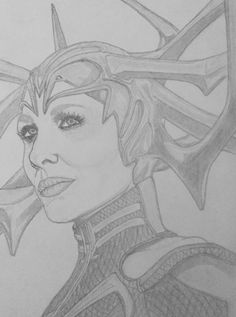 a pencil drawing of a woman with horns on her head and an evil look to the side