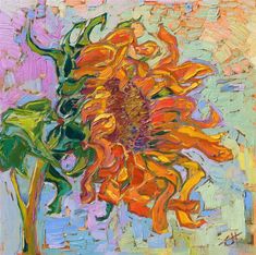 an oil painting of a sunflower in a vase