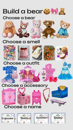 there are many different types of stuffed animals on this page, including teddy bears and other toys