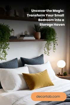 a bed with white sheets and pillows in front of a shelf filled with potted plants