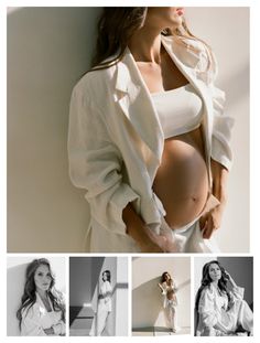 an image of a woman posing for the camera with her pregnant belly in white clothes