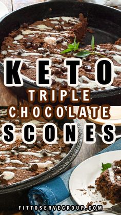 keto triple chocolate scones in a cast iron skillet