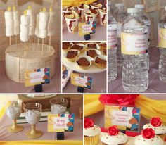 a collage of pictures with cupcakes, water bottles and other food items