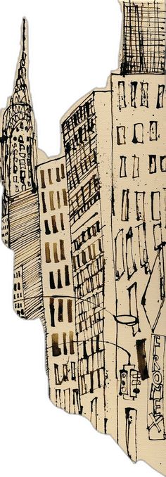 an ink drawing of buildings in new york city