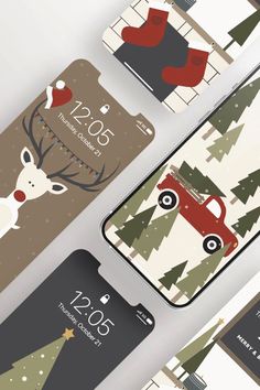 four cell phones with christmas themed designs on the front, back and side covers in various colors