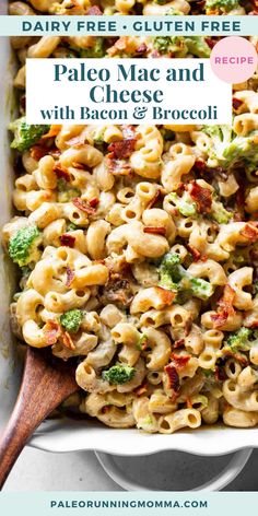 a casserole dish filled with macaroni and cheese, broccoli and bacon