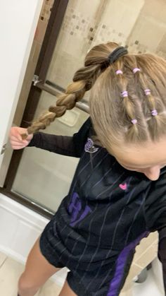 #soccer #hairstyles Soccer Hairstyles Low Pony, Cute Soccer Hair Styles, Feild Hockey Hair Ideas, Soccer Hairstyles No Braids, Braid Soccer Hairstyles, Football Hairstyles For Girls Hair, Hair Styles For Soccer Game, Quick Easy Sports Hairstyles, Easy Sports Hairstyles For Short Hair