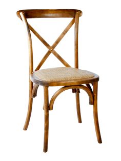 a wooden chair with a cross back and woven seat pad on the bottom, against a white background