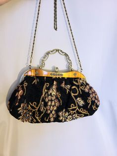 "Gorgeous rare find very elegant cocktail dressy handbag. Antique gold all metalwork. Decorative handle and unique closure with rhinestones. Removable 24\" chain strap. Very decorative amber color acrylic panel. Size:  13\" x 8\" One zippered pocket inside. Perfect condition, Excellent gift. FREE SHIPPING Thank you for visiting my store. You can also visit my MargaretJewelryShop or http://jewelryandclothing.net/ Please read \"The Private Policy\"" Elegant Sequined Evening Bag, Embellished Handheld Evening Bag For Formal Occasions, Elegant Formal Bags With Sequins, Elegant Embroidered Handheld Evening Bag, Antique Gold Embroidered Bags, Elegant Gold Bags With Sequins, Elegant Embroidered Evening Bag For Party, Elegant Gold Sequined Bags, Elegant Clutch Evening Bag For Vintage Events