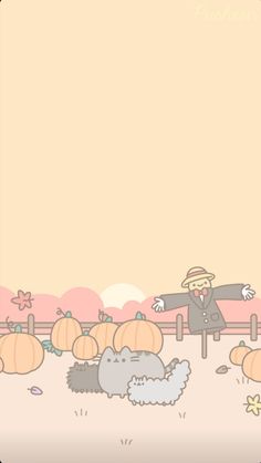 an animated image of a man standing in front of pumpkins