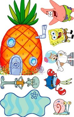 spongebob and his friends are in front of a pineapple house with other cartoon characters