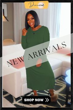 Solid Color Round Neck Long Sleeves Dress Green Long Sleeve Shift Midi Dress, Fall Solid Color Shift Midi Dress, Fall Shift Midi Dress In Solid Color, Solid Color Shift Midi Dress For Fall, Fall Midi Dress In Solid Color With Shift Fit, Casual Green Maxi Dress For Winter, Green Casual Midi Dress For Fall, Casual Green Midi Dress For Winter, Green Shift Dress For Fall