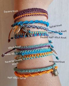 a close up of a person's arm with different types of bracelets on it