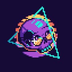 an old - school pixel art style image of a skull in purple and orange colors