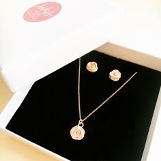 "Add some delicate charm to your look with our pretty rose gold Rose Necklace and Earrings set from our Rose Collection. This rose jewellery set is perfect for wearing everyday and a must have for your collection. The Rose symbolises love, promise, hope and new beginnings making it a popular choice for wedding jewellery. This pretty flower jewellery set makes a meaningful birthday or bridesmaid's gift. ~ EARRING DESIGN ~ Option 1 (Studs): Rose Stud Earrings measuring approx. 1 cm in diameter wit Rose Gold Jewelry With Roses For Her, Rose Gold Necklaces With Roses For Wedding, Rose Gold Roses Necklaces For Wedding, Rose Gold Wedding Jewelry With Rose Design, Rose Gold Wedding Jewelry With Rose Details, Rose Gold Wedding Jewelry With Roses, Rose Jewellery, Gold Schmuck, Feminine Jewelry