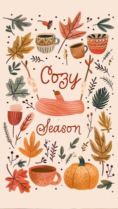 a card that says cozy season surrounded by autumn leaves