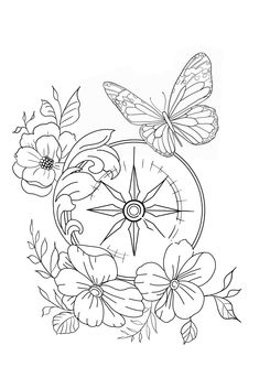 a black and white drawing of a compass with flowers