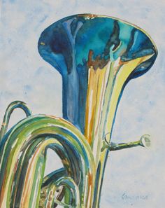 a painting of a blue and yellow trumpet