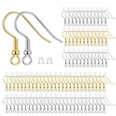 an assortment of metal hooks and clips on a white background with clippings for each hook