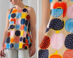 "How adorable is the fabric pattern that this summer top is crafted from? This absolutely gorgeous abstract fruit print by Marimekko is as playful as it can get! A fruit bowl with an accidental onion mixed into it ;) This handmade piece features sleeveless design with buttons at the shoulder and chest pocket. Round neck and A-line cut. Previous owner have altered it for fit under the armpits. Material: 100% cotton canvas Condition: great vintage condition Size: best fits size S (no size tag) Mea Sleeveless Tops With Lemon Print For Vacation, Vacation Sleeveless Tops With Lemon Print, Playful Floral Print Sleeveless Top, Playful Sleeveless Floral Print Top, Multicolor Fruit Print Tops For Summer, Sleeveless Summer Tops With Abstract Print, Summer Sleeveless Top With Bold Print, Colorful Sleeveless Summer Tops, Vibrant Print Sleeveless Cotton Tops