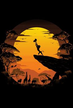 the lion king silhouetted against an orange sunset with giraffes and other animals